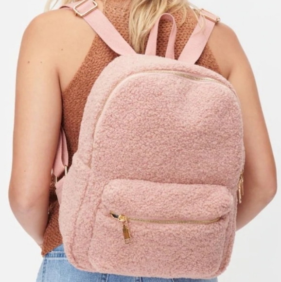 URBAN EXPRESSIONS Herdwick Pink Blush Faux Shearling Backpack - Picture 9 of 11